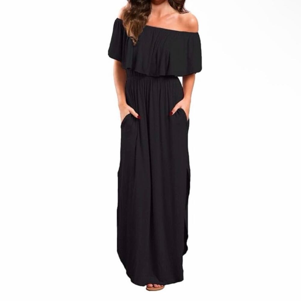 VERABENDI Off Shoulder Ruffle Maxi Dress Side Slit Pockets Black Small NWT